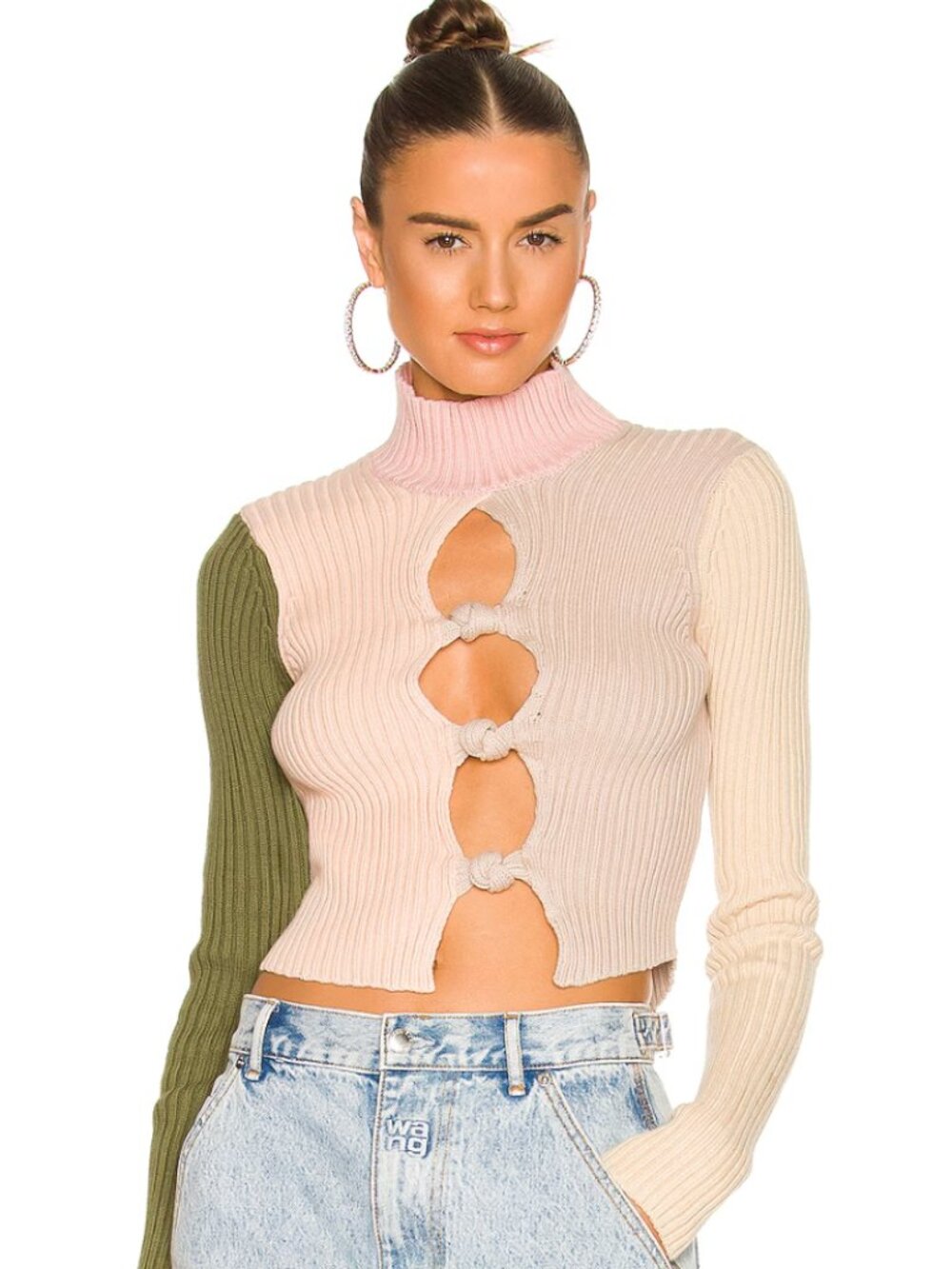 Danielle Guizio Cutout Rib Knit Knotted Turtleneck Long Sleeve Top Multicolor